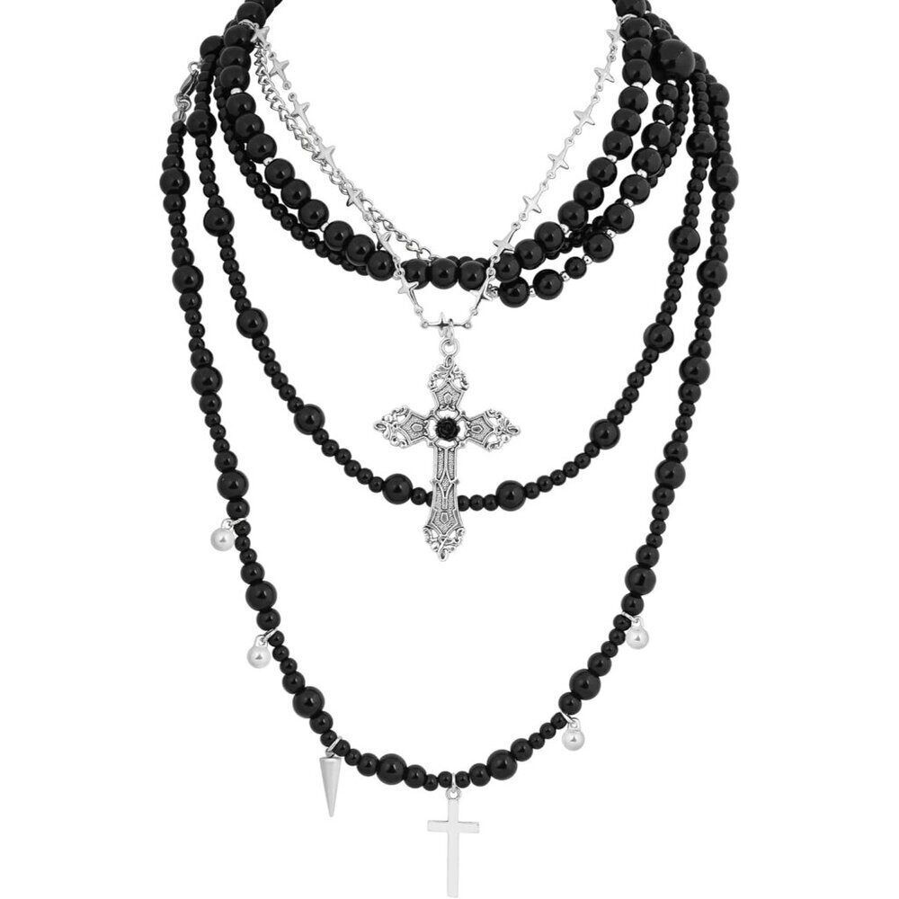 Black Imitation Pearl Cross Choker Necklace Gothic Punk Emo Jewelry